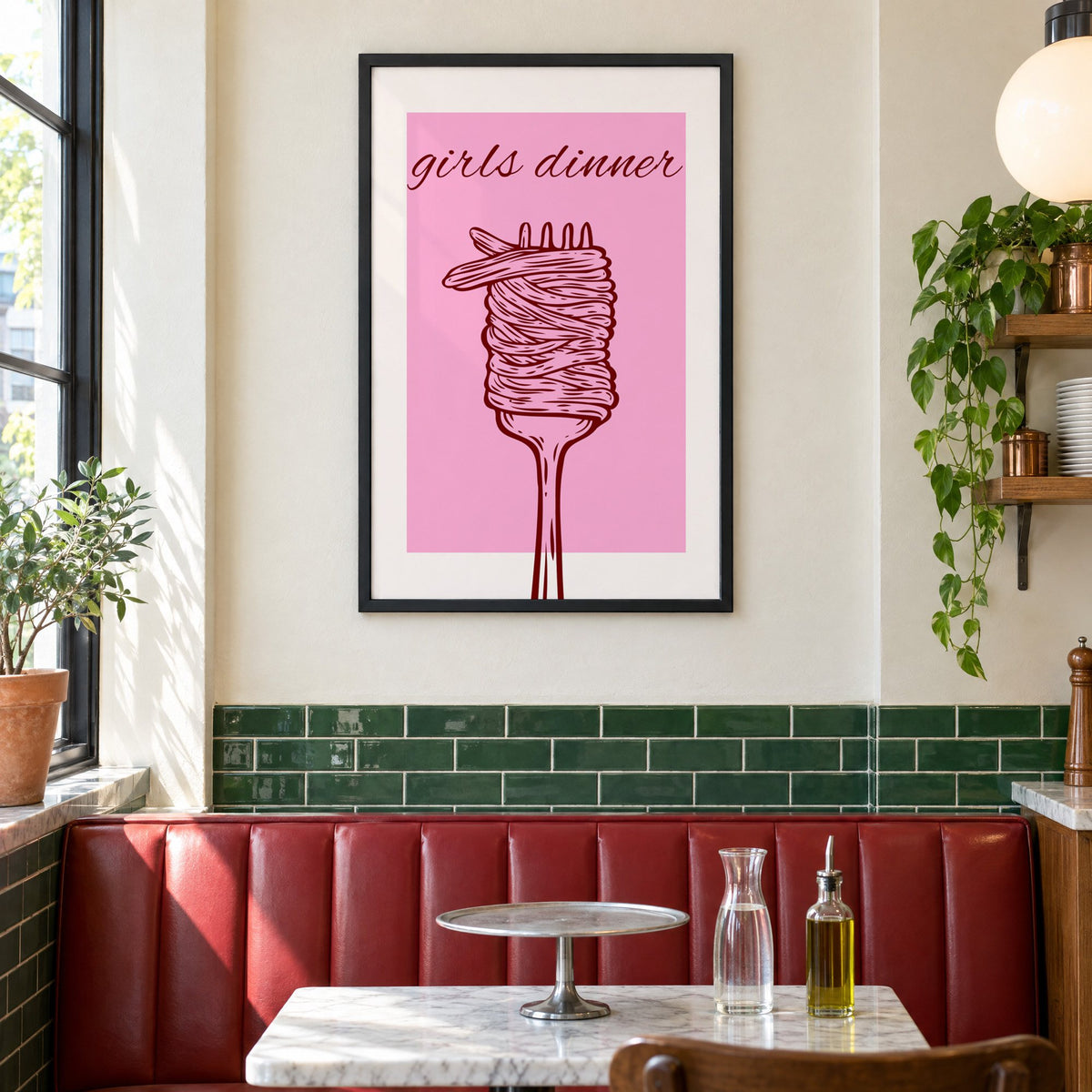 Girls dinner spaghetti fork pink print in a black frame above a red leather booth in a sunny pizzeria
