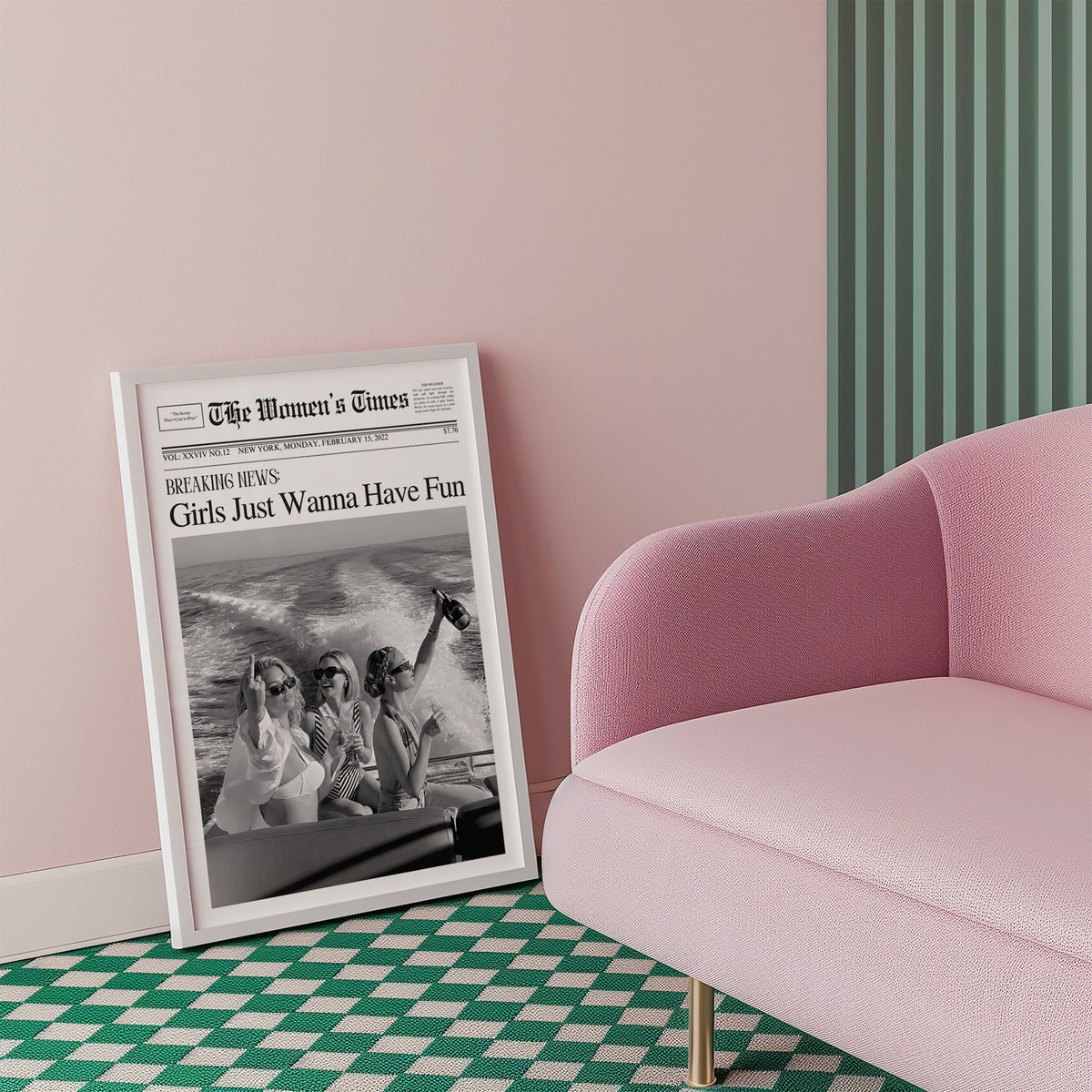 Mock front page with three women on a yacht print in a white frame beside a pink armchair on a checkered floor