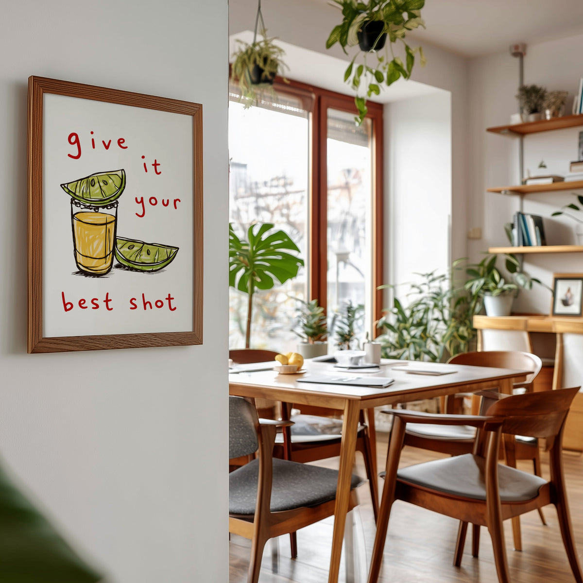 Tequila shot print in a walnut frame beside a mid-century dining table