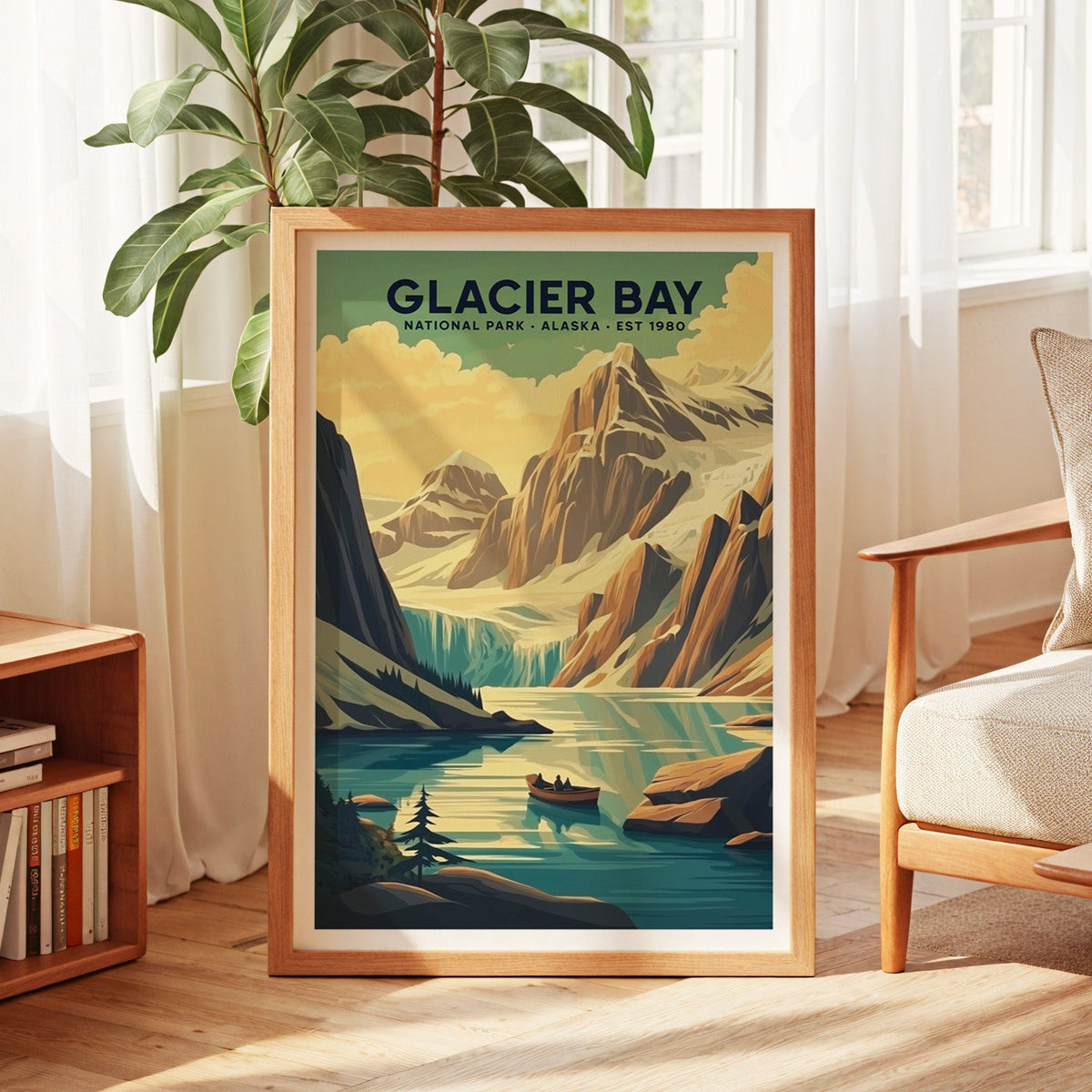 Glacier Bay National Park print in an oak frame by a sunlit window with sheer curtains