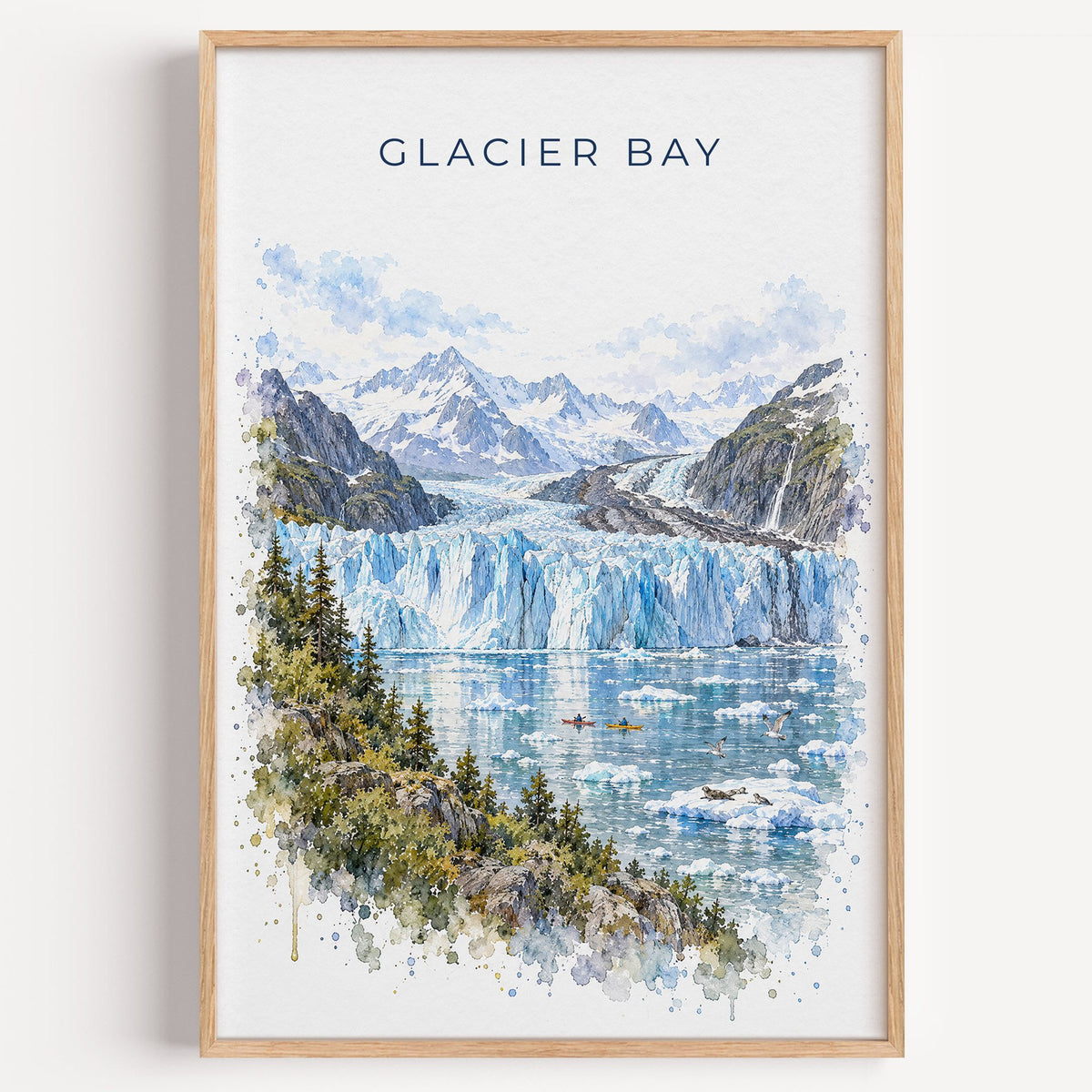 Glacier Bay National Park watercolor print in a light oak frame on a plain white wall