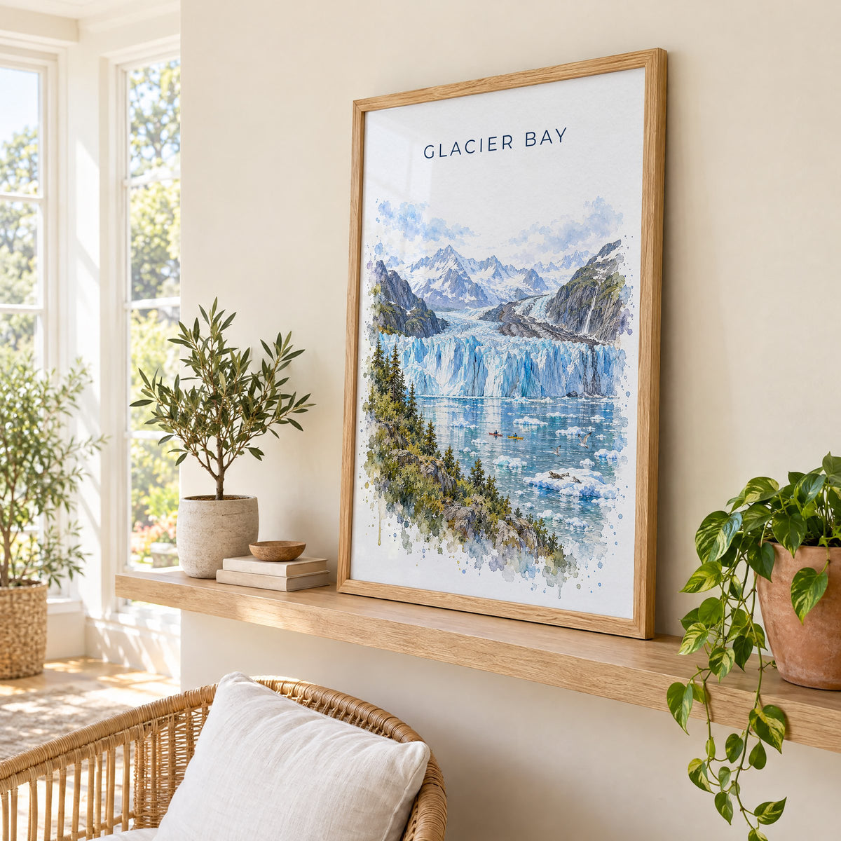 Glacier Bay National Park watercolor print in an oak frame on a picture ledge in a sunlit sunroom