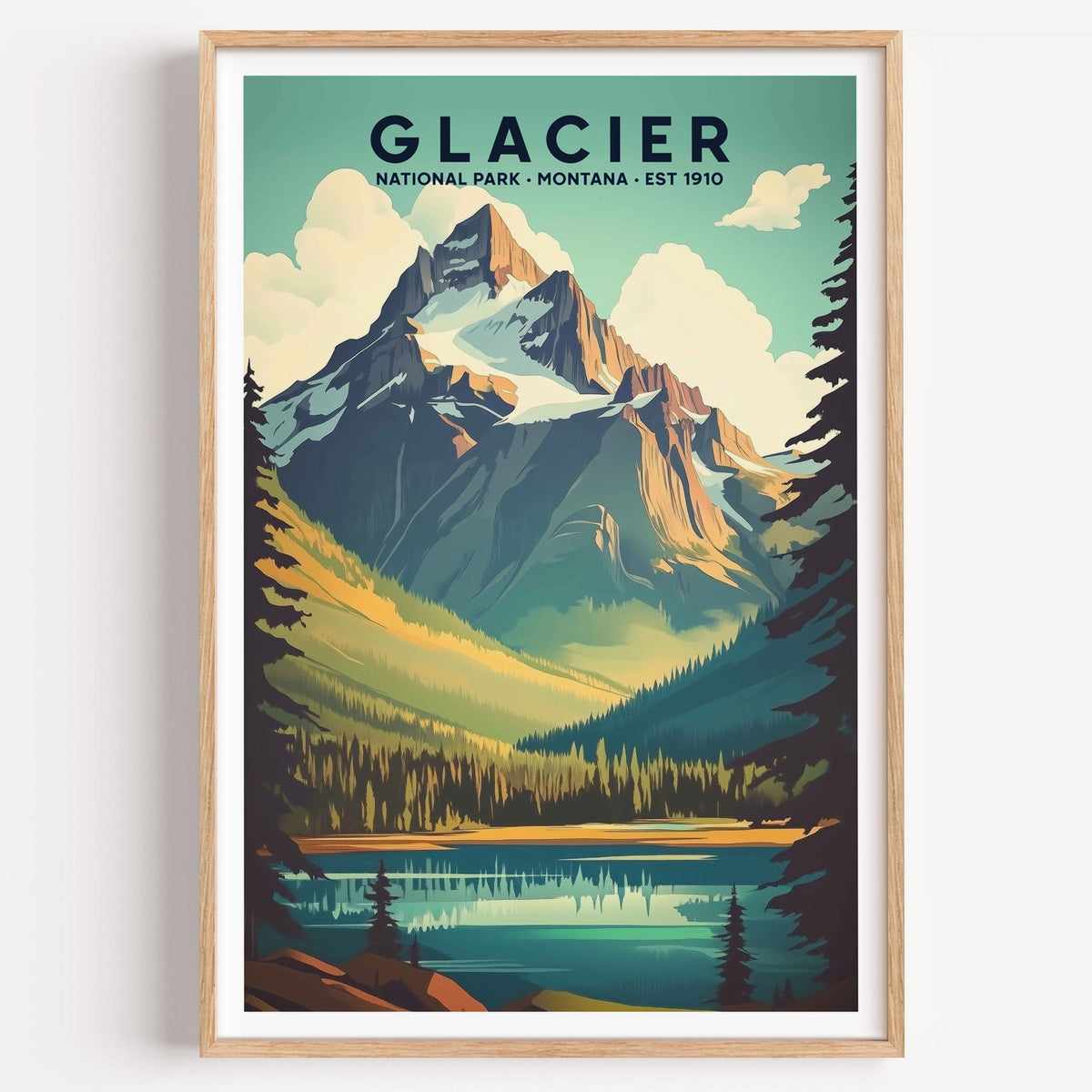 Glacier National Park illustrated print: a snow peak mirrored in a still lake, in an oak frame