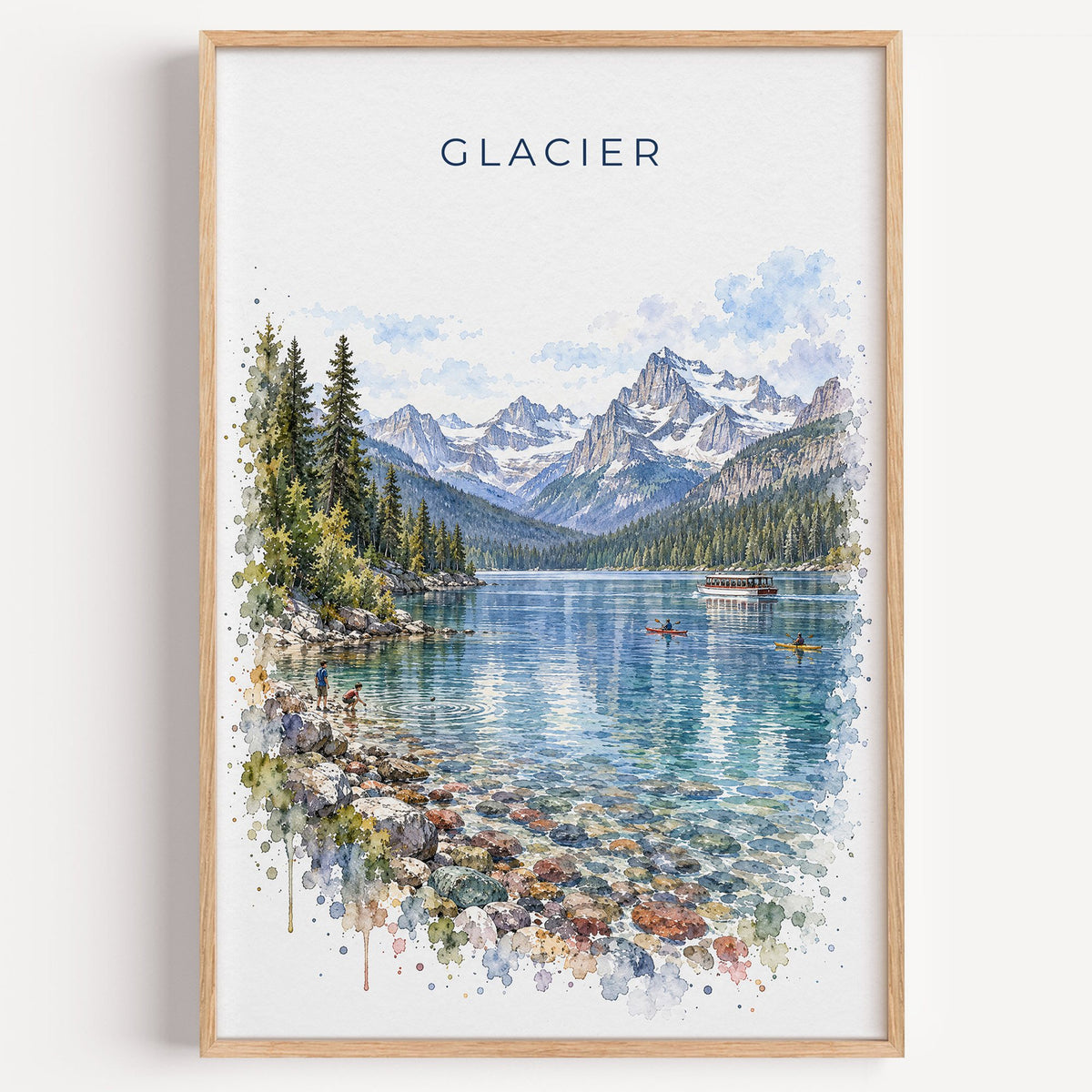 Glacier National Park watercolor print in a light oak frame on a plain white wall