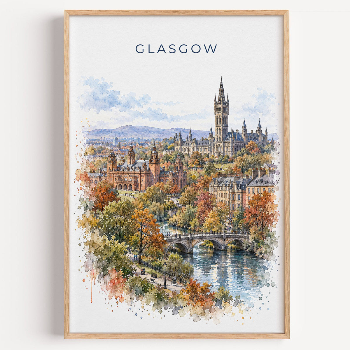 Glasgow watercolor print in a light oak frame on a plain white wall
