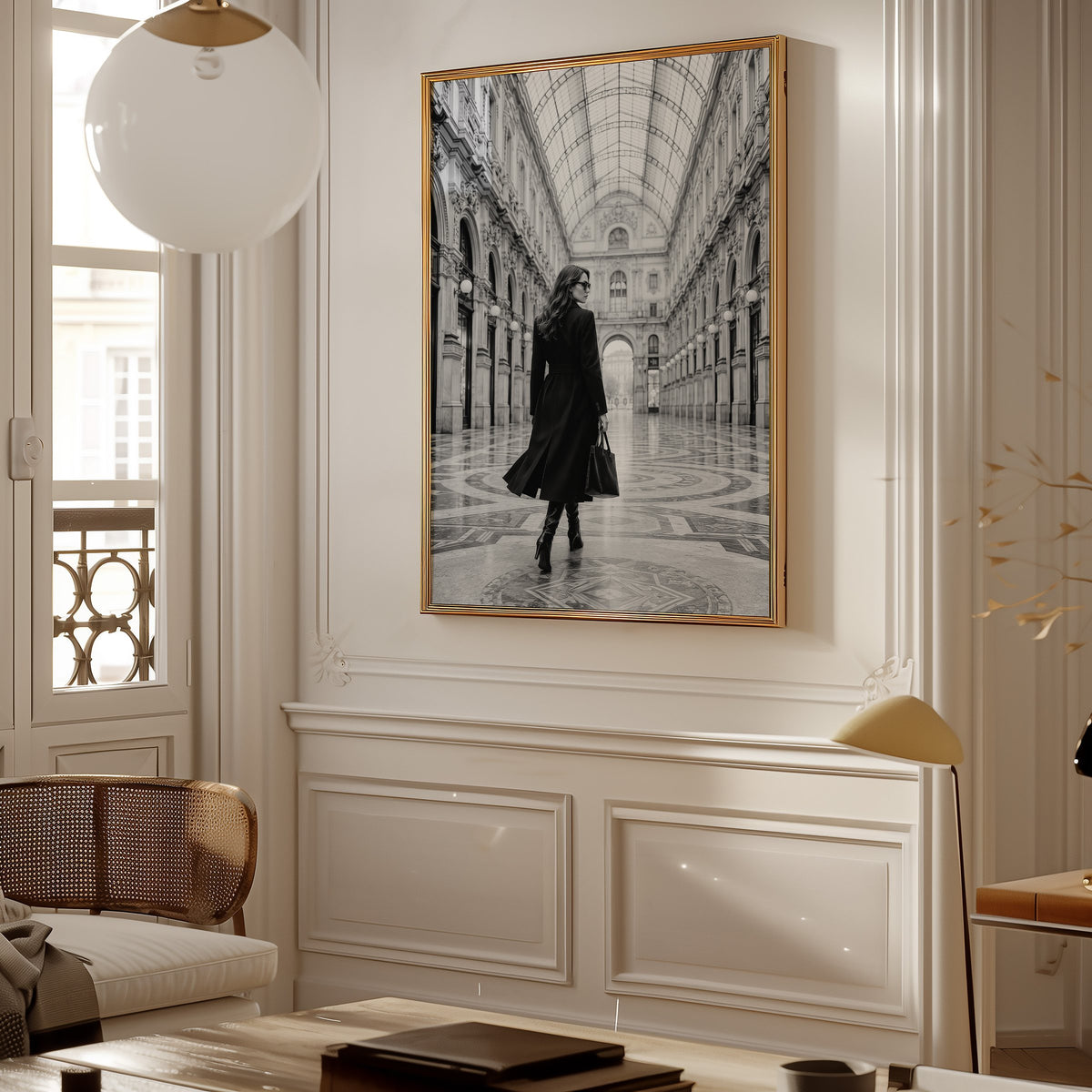 Black and white woman in a glass arcade print shown in a gold frame in a Parisian paneled living room