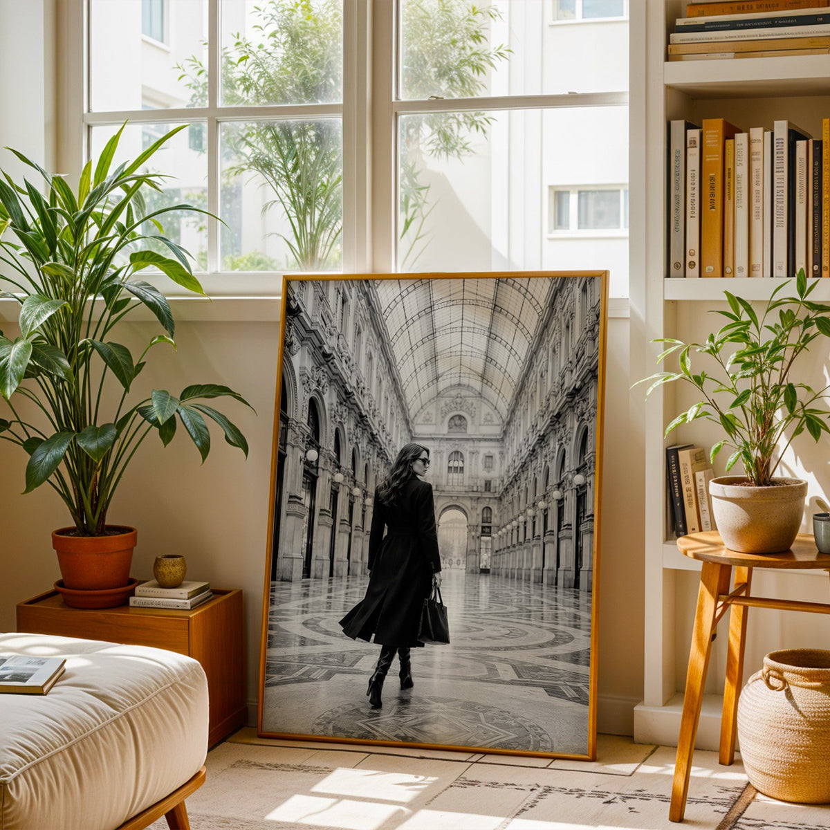 Black and white woman in a glass arcade print shown in a brass frame leaning on a sunlit living room floor