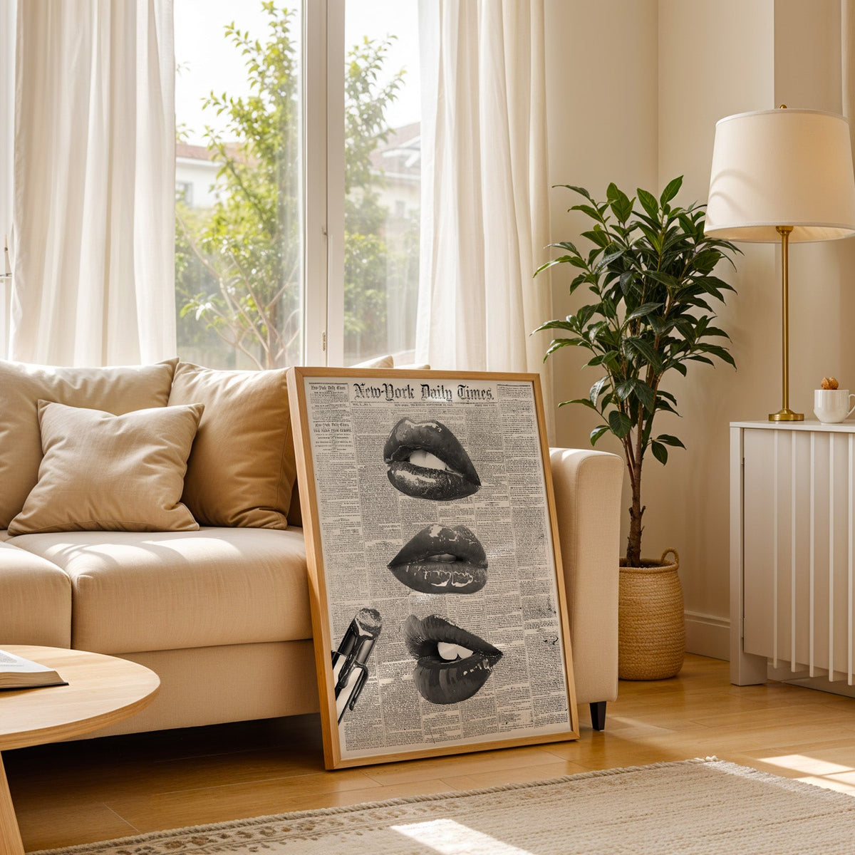 Glossy lips and lipstick on 1851 newspaper page print in a light oak frame leaning on a cream sofa beside a floor lamp