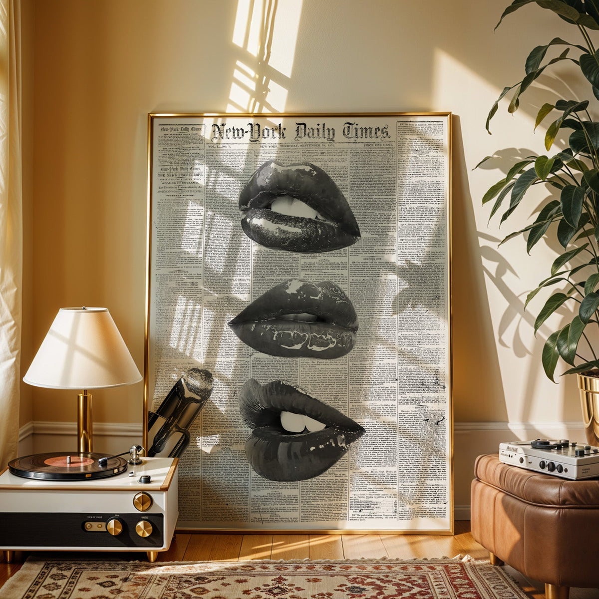 Glossy lips and lipstick on 1851 newspaper page print shown in a gold frame beside a record player and table lamp