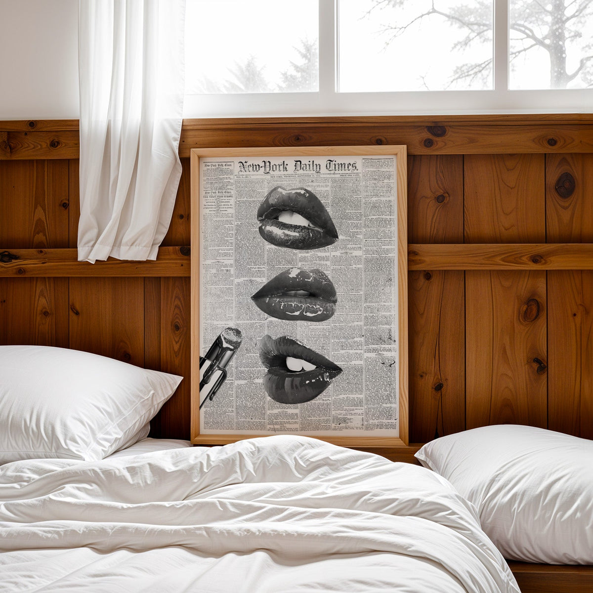 Glossy lips and lipstick on 1851 newspaper page print in a pine frame leaning on a wood headboard over white bedding