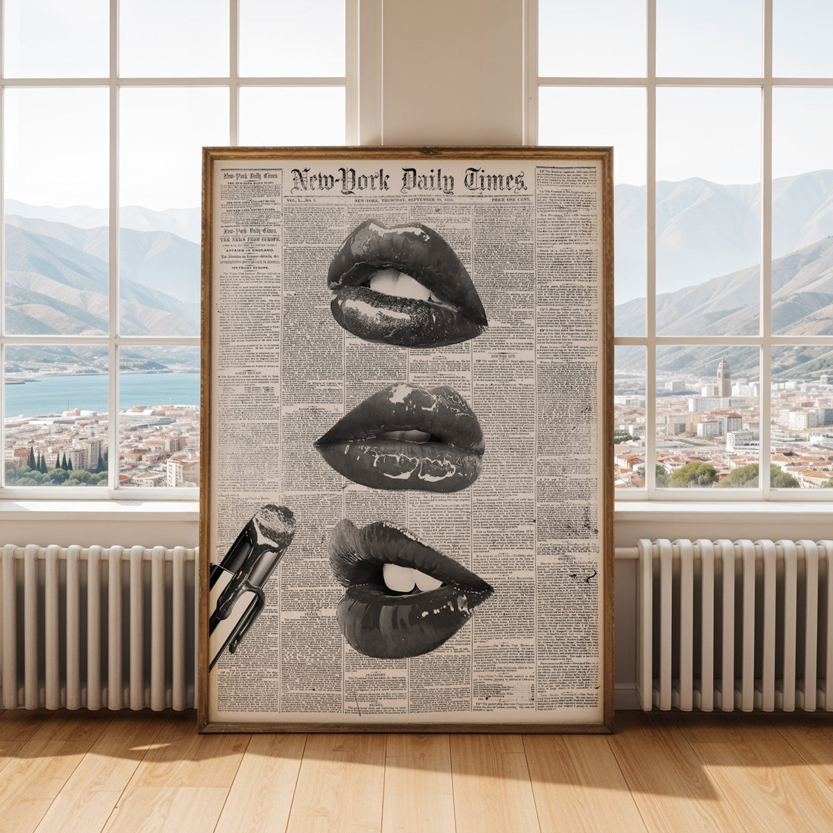Glossy lips and lipstick on 1851 newspaper page print shown in an antique gold frame by tall windows with a sea view