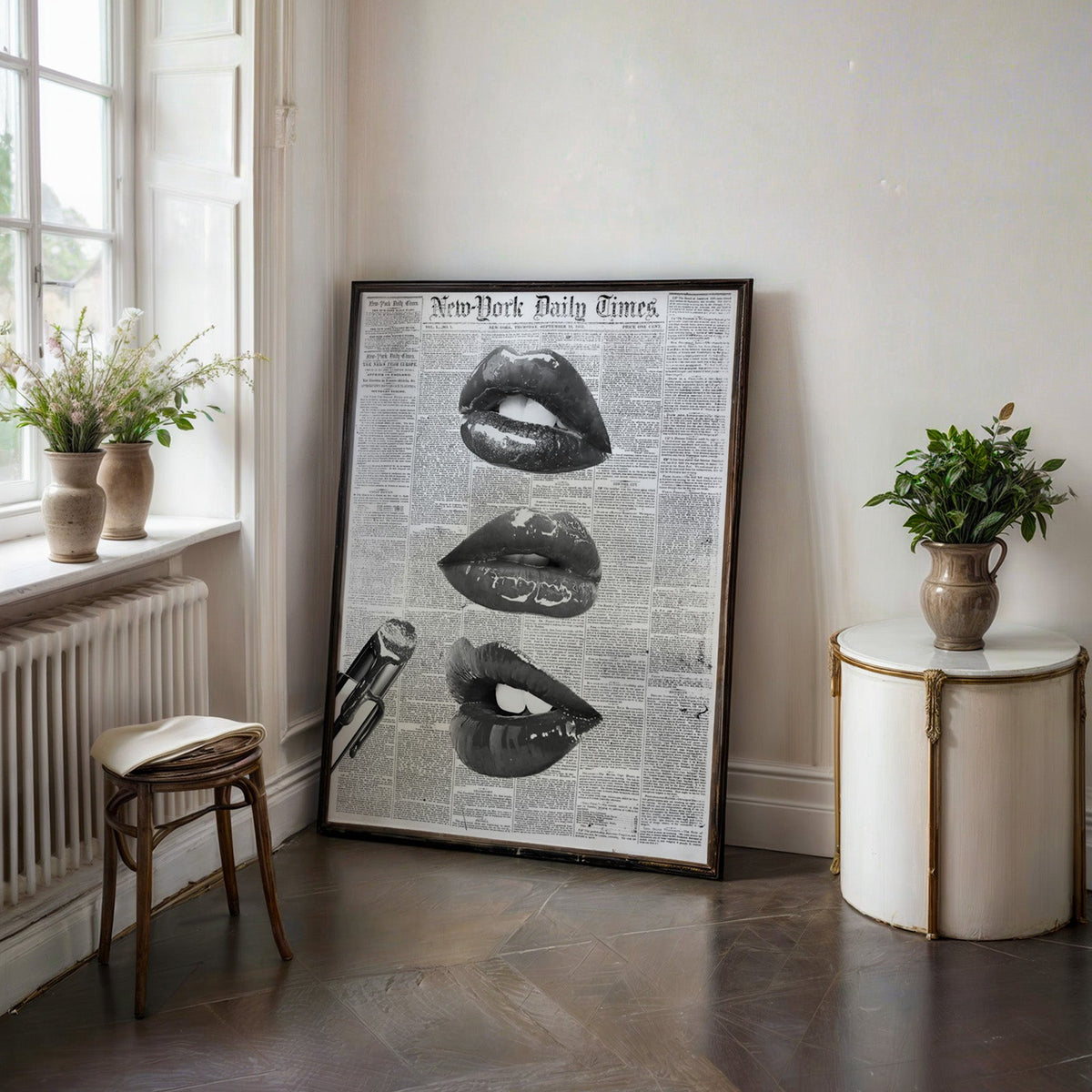 Glossy lips and lipstick on 1851 newspaper page print in a black frame on a dark stone floor beside a white side table