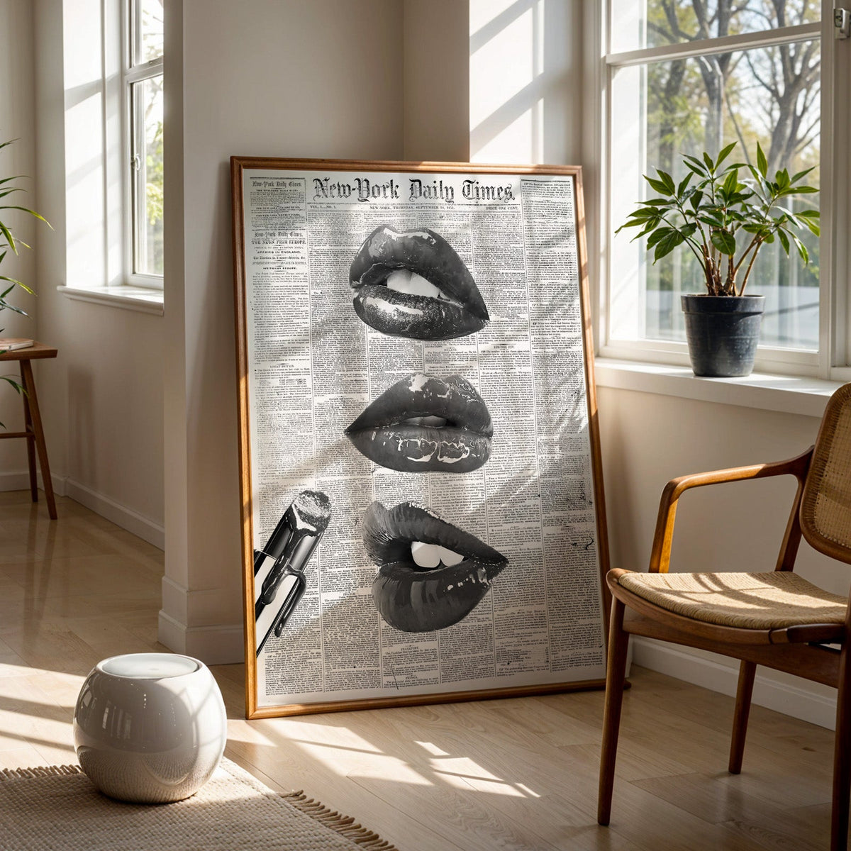 Glossy lips and lipstick on 1851 newspaper page print in a walnut frame on a wood floor beside a cane chair and sunny window