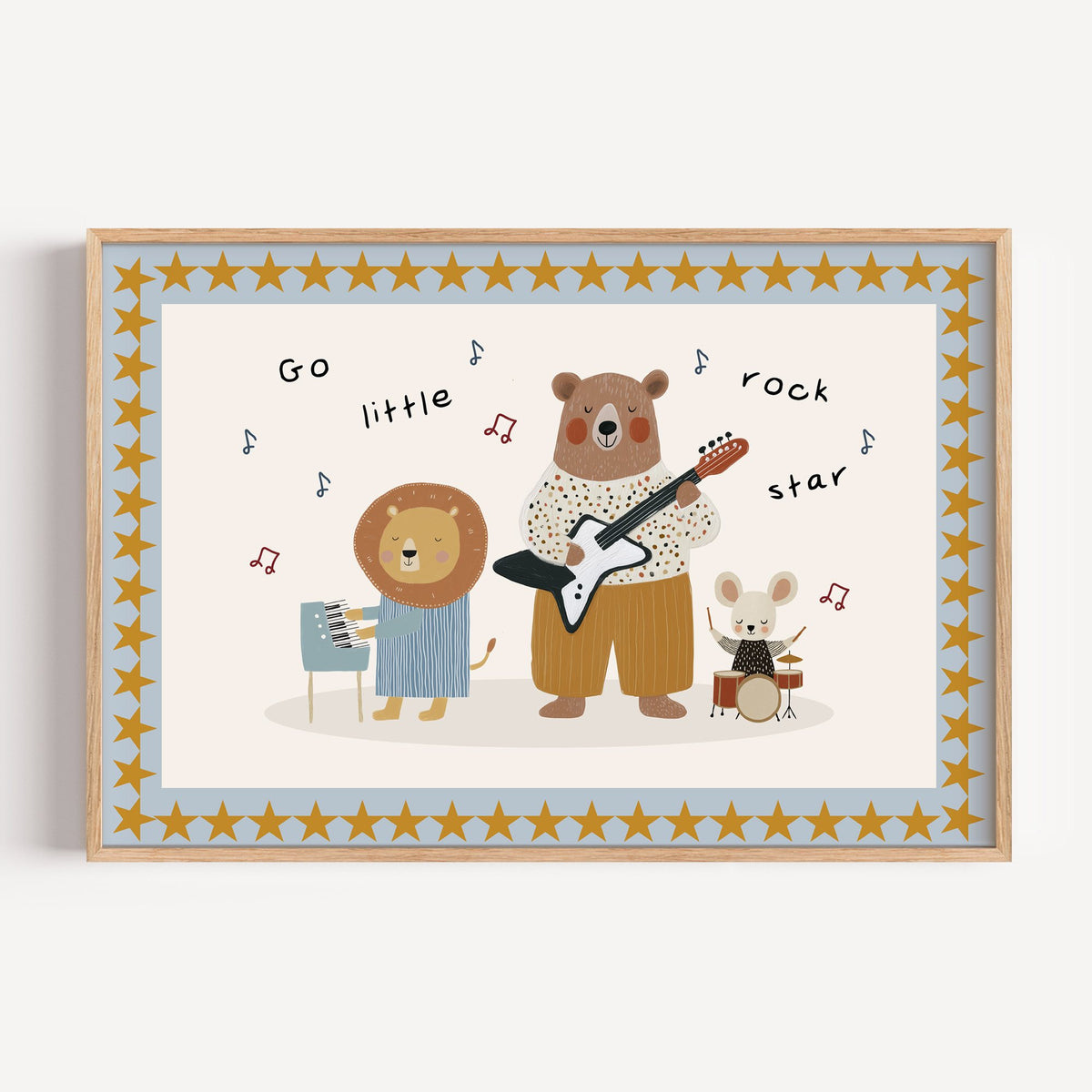 Landscape go little rock star band nursery print in a light oak frame on a plain white wall
