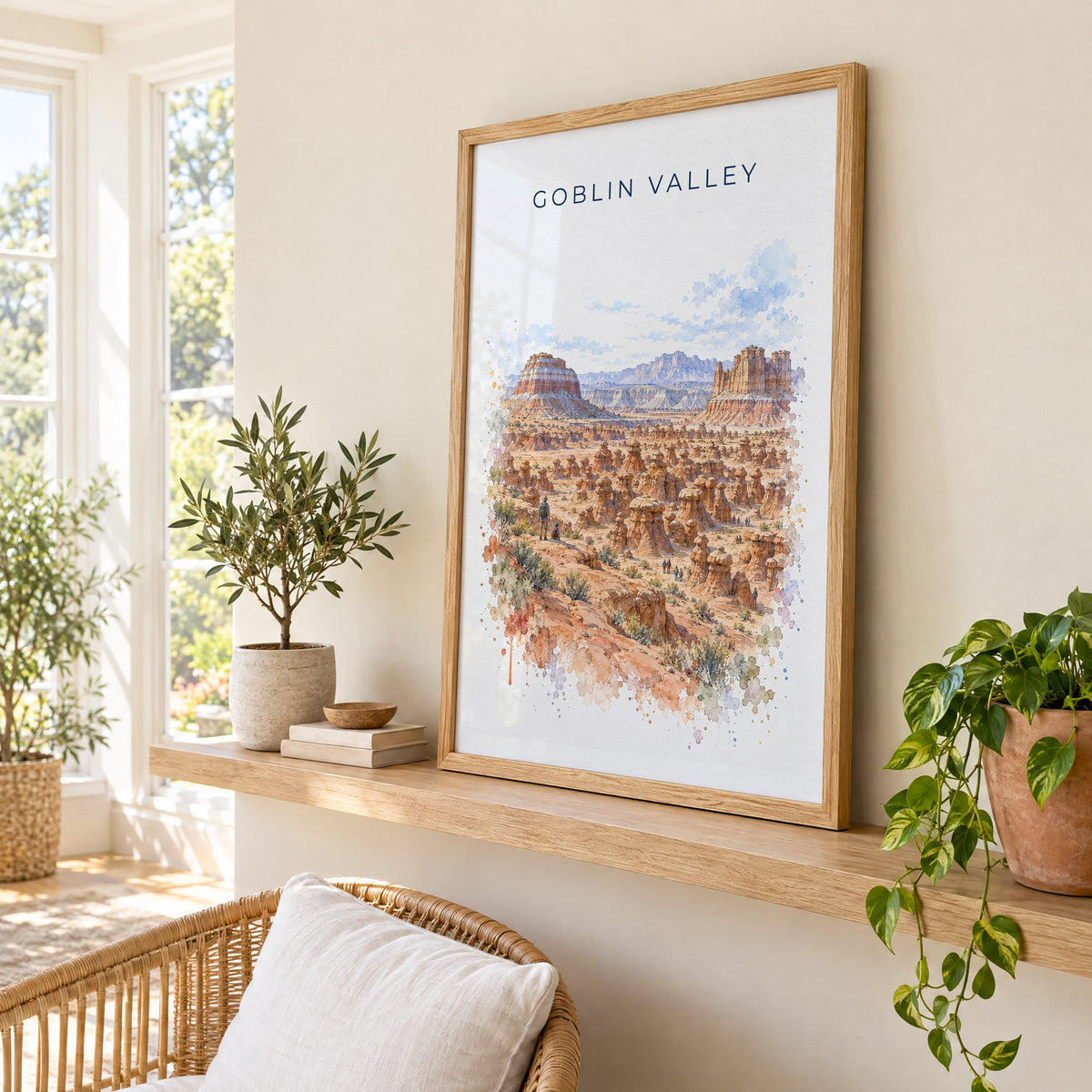 Goblin Valley State Park watercolor print in an oak frame on a picture ledge in a sunlit sunroom