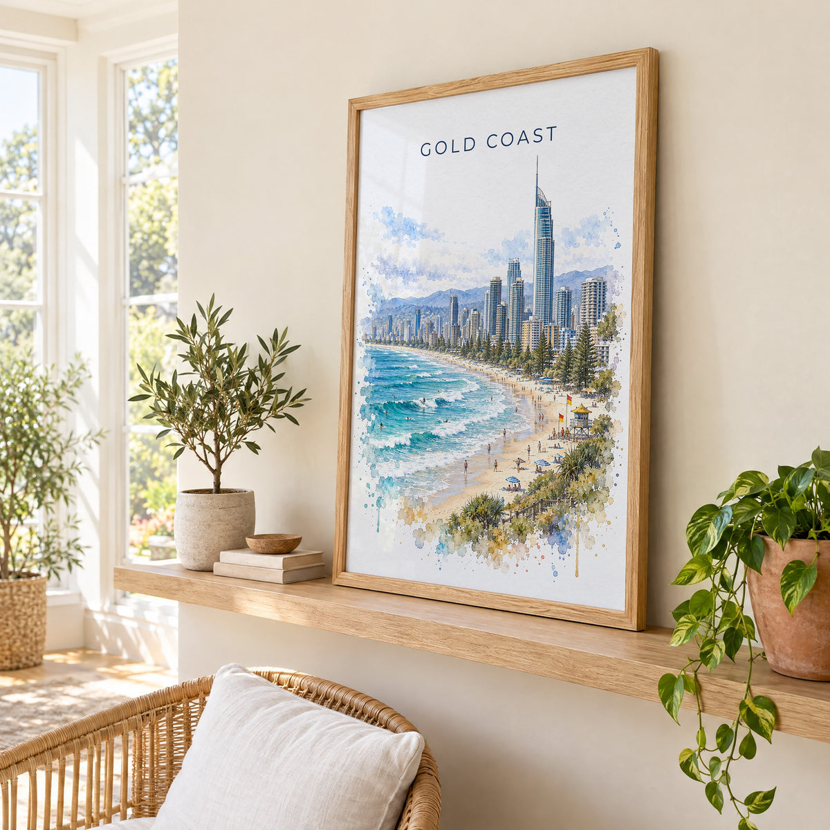 Gold Coast watercolor print in an oak frame on a picture ledge in a sunlit sunroom