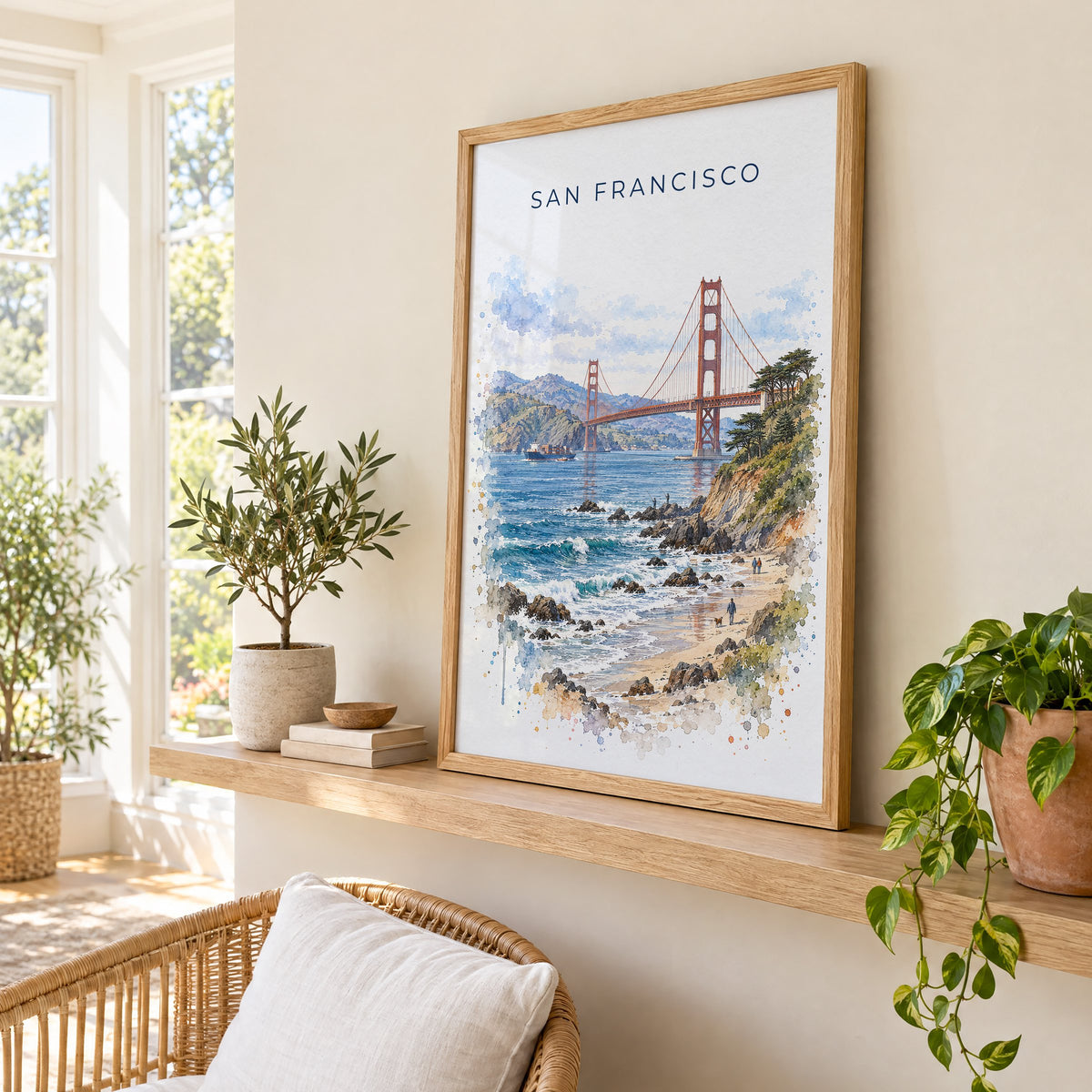 Golden Gate Bridge watercolor print in an oak frame on a picture ledge in a sunlit sunroom