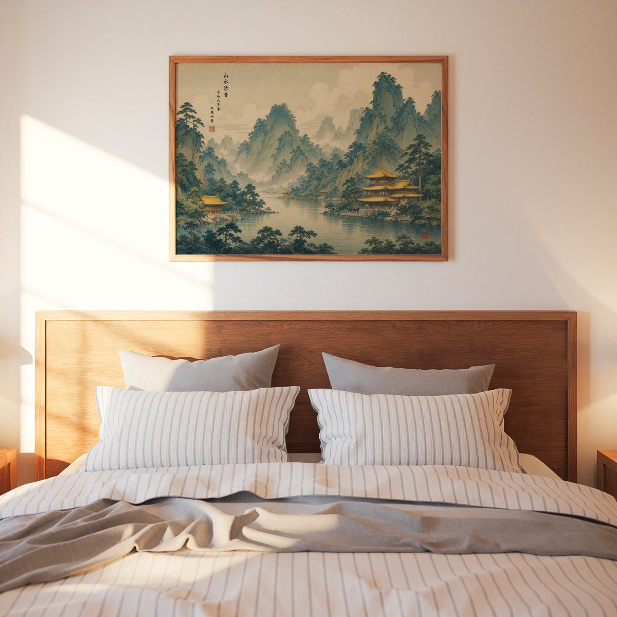 Golden temples below green mountains print in a warm wood frame above a bed with striped linen bedding
