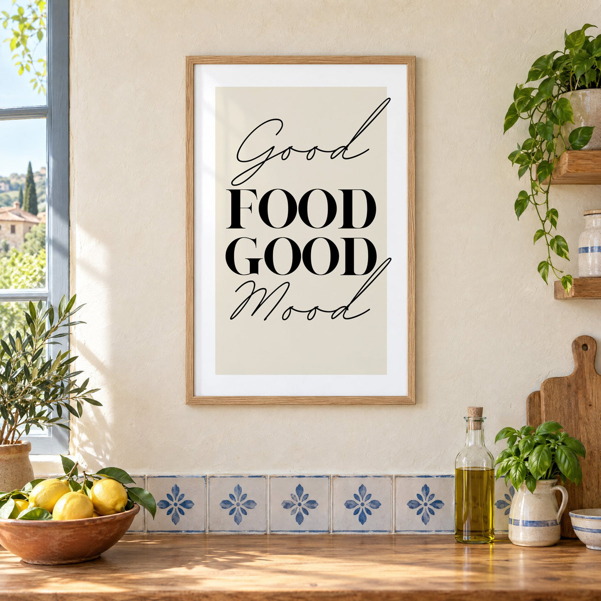 Good FOOD GOOD Mood serif script print in an oak frame on a cream plaster wall above a worktop with a bowl of lemons and blue-and-white tiles