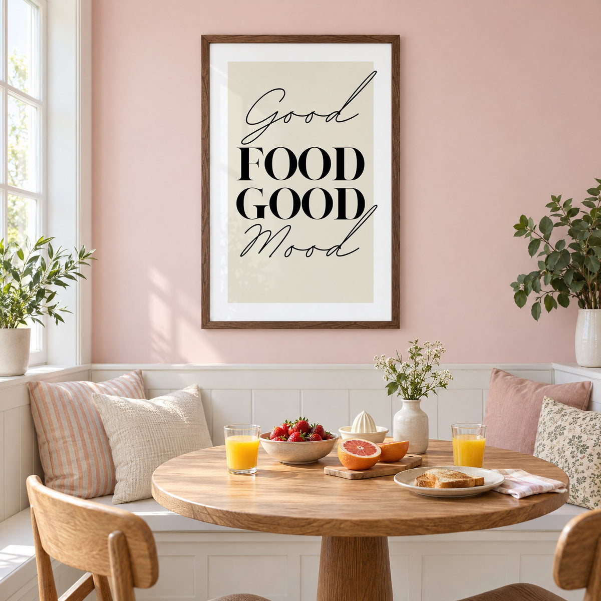 Good FOOD GOOD Mood serif script print in a walnut frame on a pastel pink wall above a breakfast nook with strawberries and orange juice