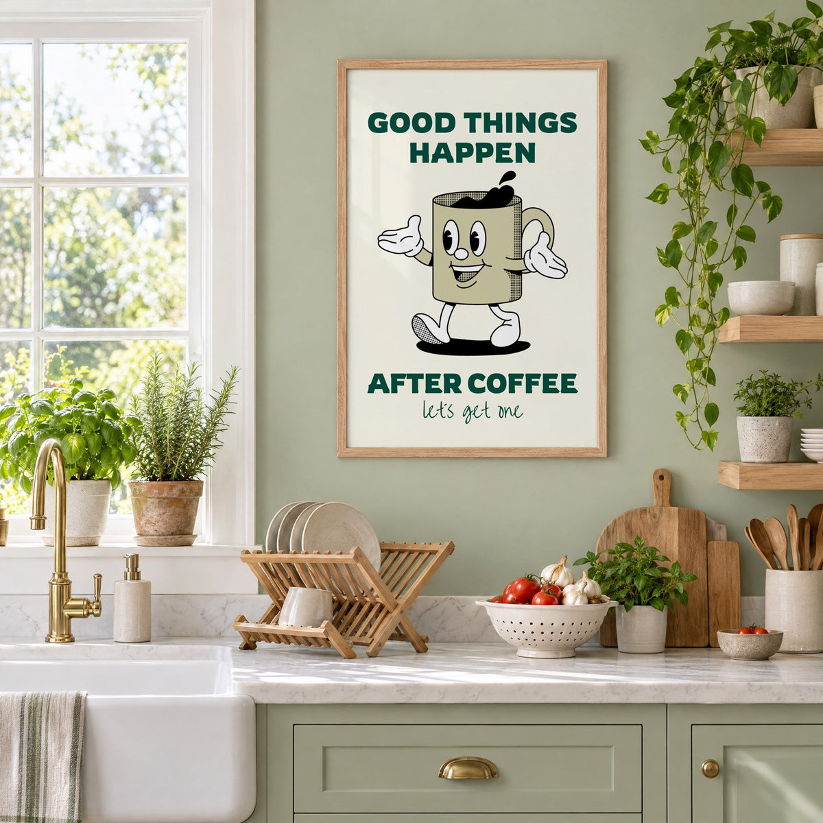 Good Things Happen After Coffee mug print in an oak frame on a sage green kitchen wall beside a farmhouse sink and herbs