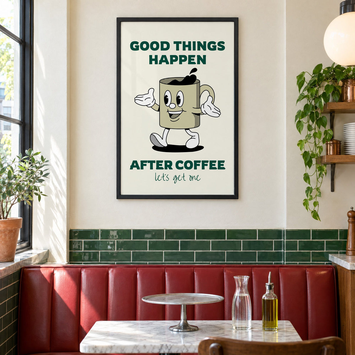 Good Things Happen After Coffee mug print in a black frame above a red leather booth in a sunny pizzeria
