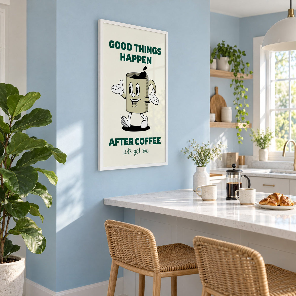 Good Things Happen After Coffee mug print in a white frame on a pale blue wall above a breakfast bar with rattan stools