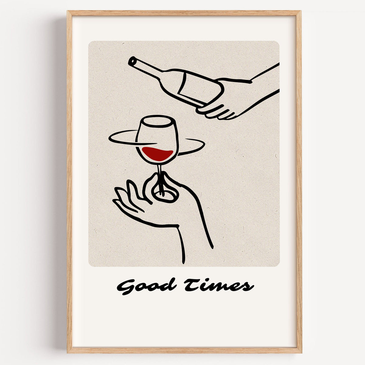 Good Times wine pour line art print in a light oak frame on a plain white wall