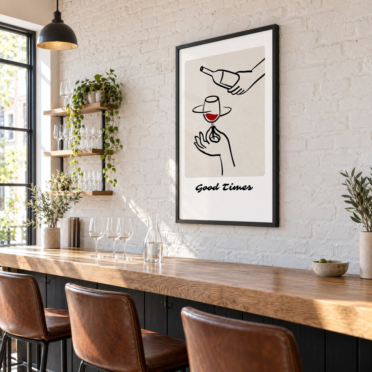 Good Times wine pour line art print in a black frame on a white brick wall above a wine bar counter