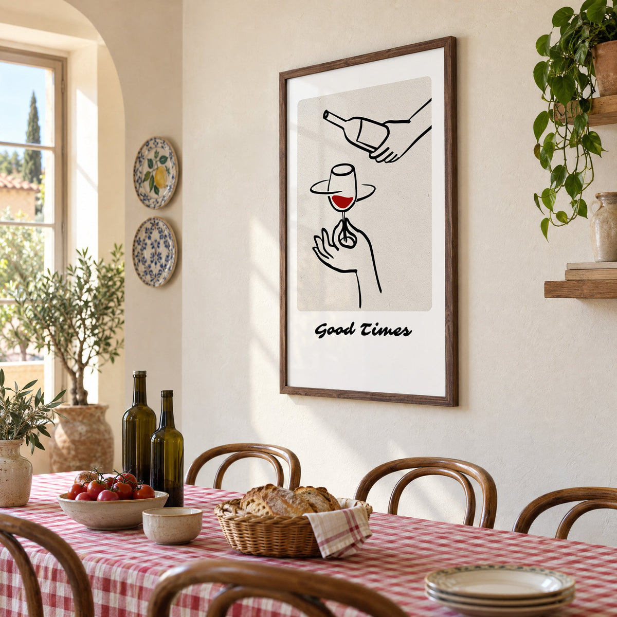 Good Times wine pour line art print in a walnut frame above a gingham-covered trattoria table, seen at an angle