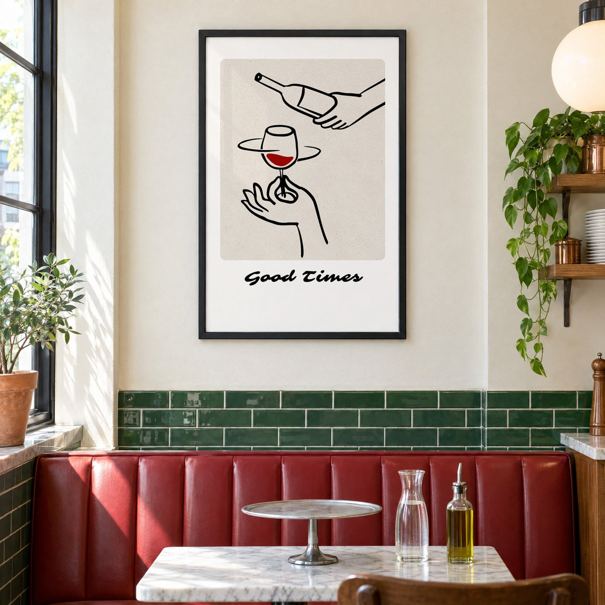 Good Times wine pour line art print in a black frame above a red leather booth in a sunny pizzeria