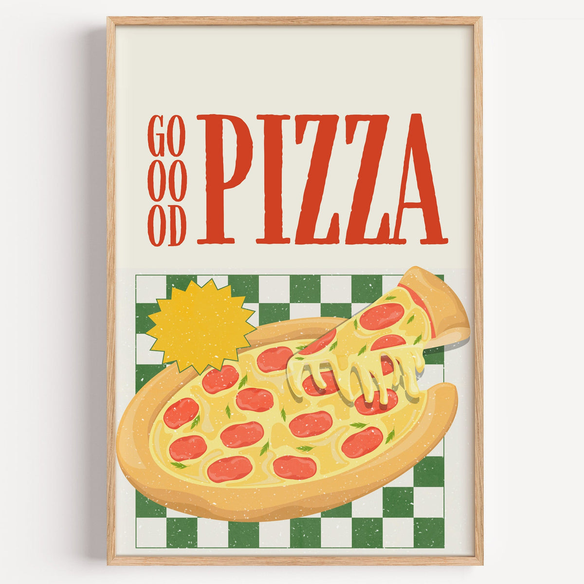 Goood Pizza green check print in a light oak frame on a plain white wall