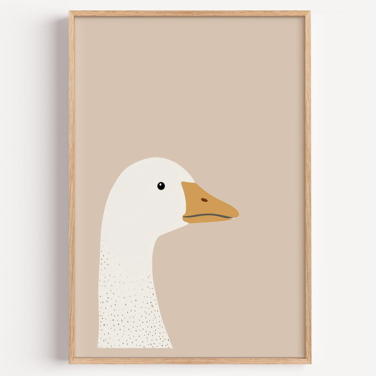 Goose head profile nursery print in a light oak frame on a plain white wall