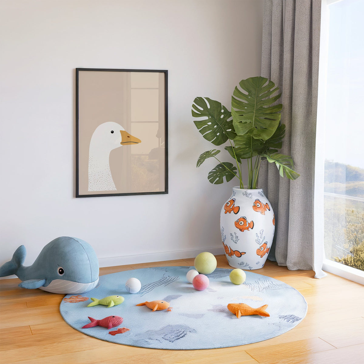 Goose head profile nursery print in a black frame in a playroom with an ocean rug and whale plush