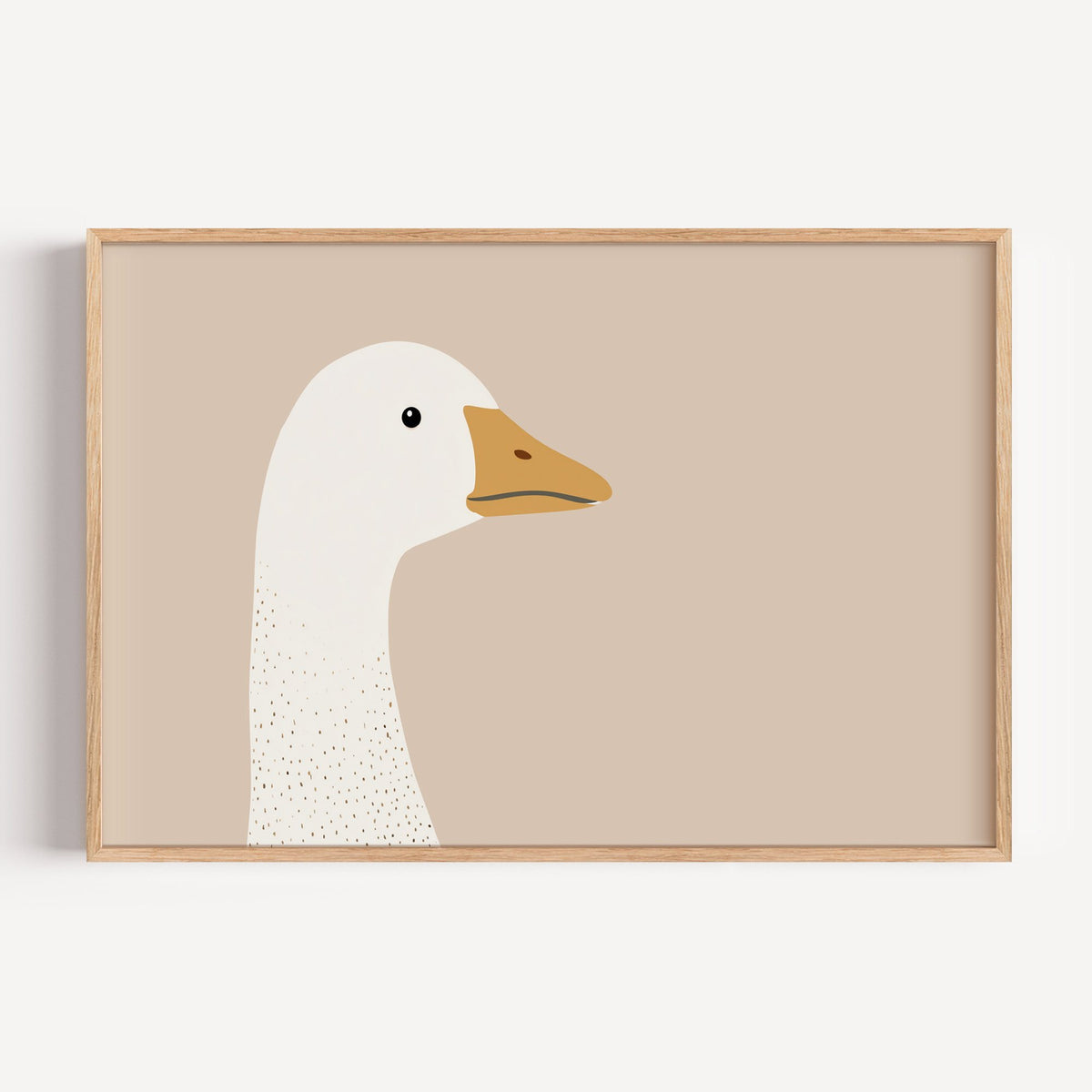 Landscape goose head profile nursery print in a light oak frame on a plain white wall