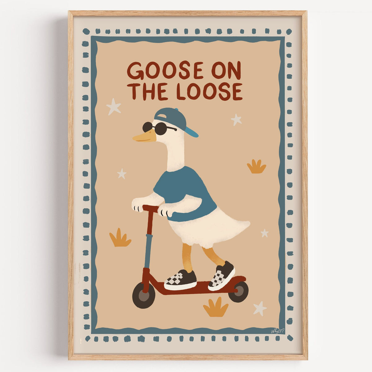 Goose on the loose scooter nursery print in a light oak frame on a plain white wall