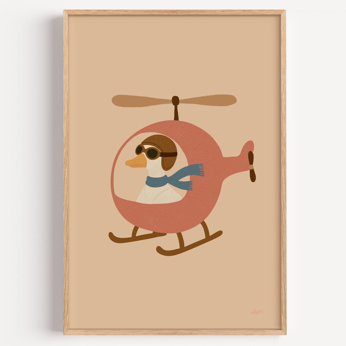 Goose pilot in pink helicopter nursery print in a light oak frame on a plain white wall