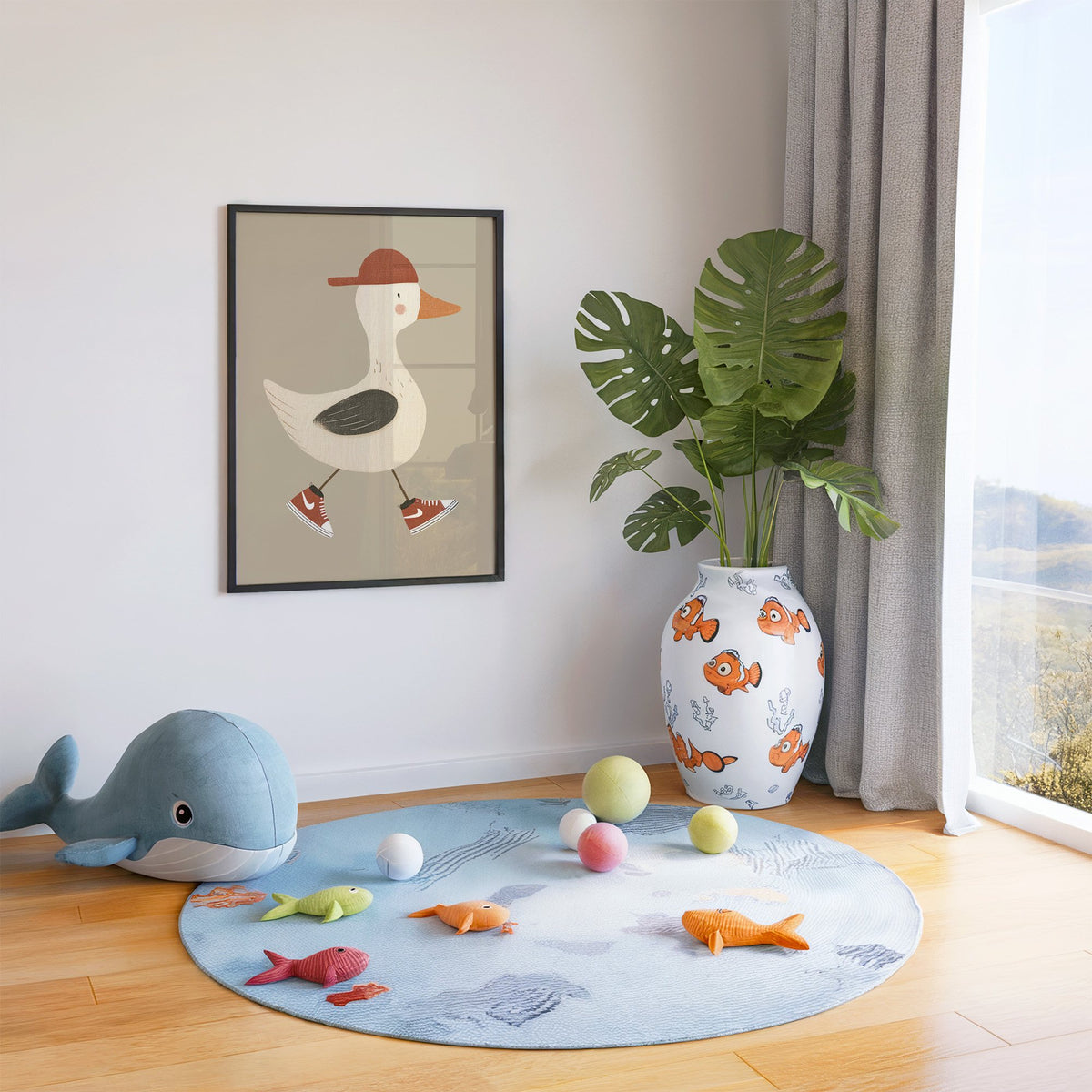 Goose red cap and sneakers nursery print in a black frame in a playroom with an ocean rug and whale plush