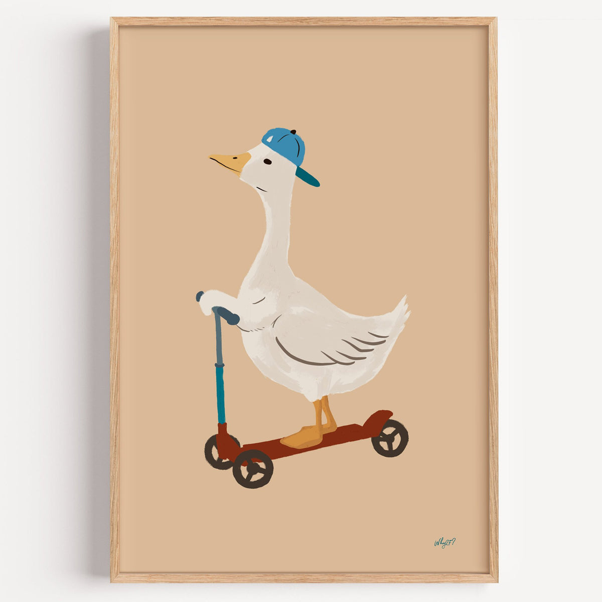 Goose riding scooter in blue cap nursery print in a light oak frame on a plain white wall