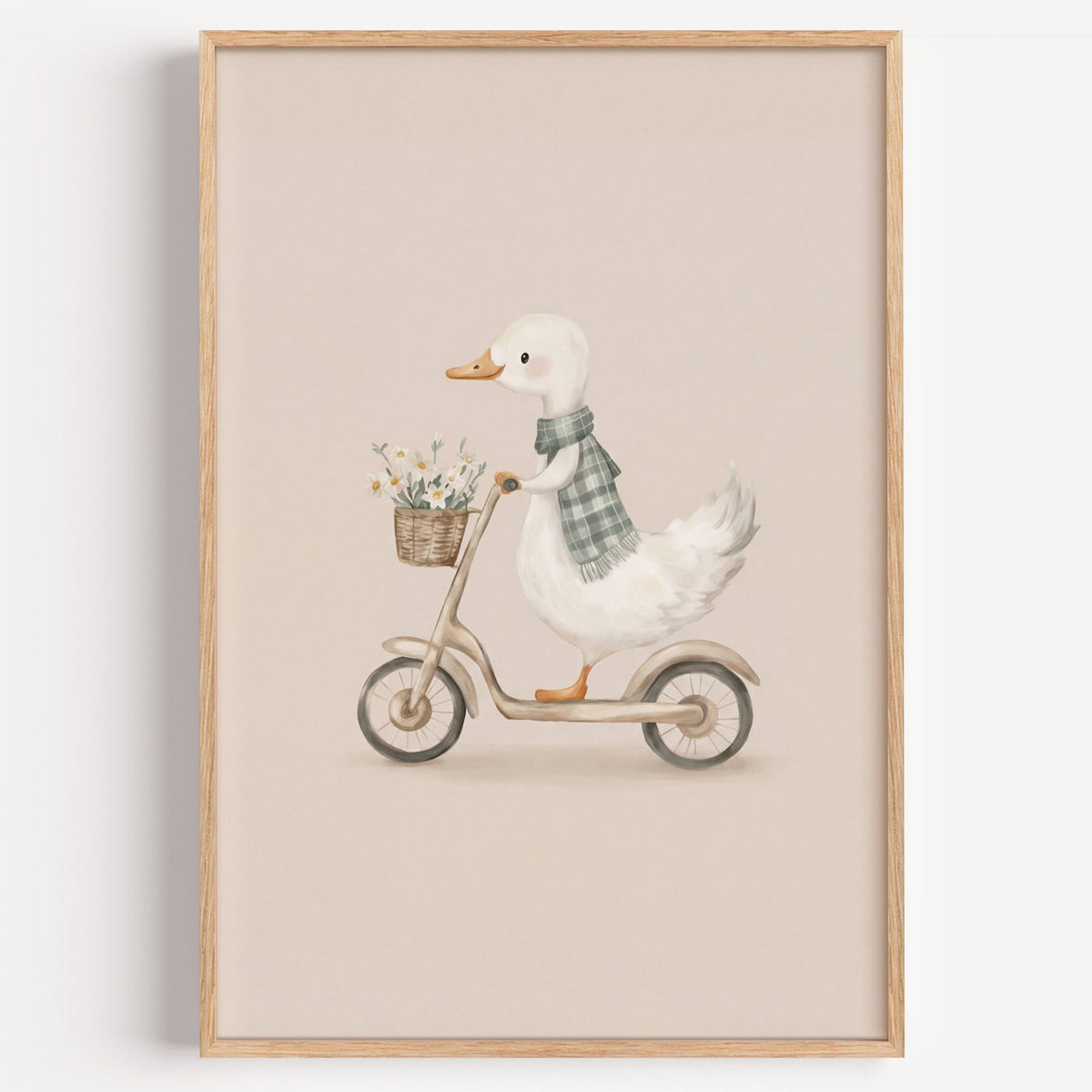White goose riding a scooter with daisies nursery print in a light oak frame on a plain white wall