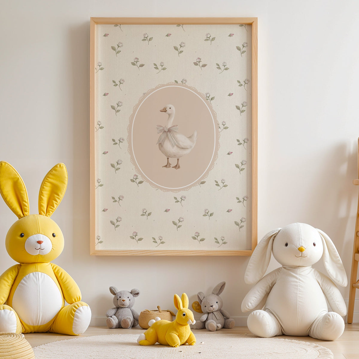 White goose with striped bow in lace oval nursery print in an oak frame above yellow and white plush bunnies