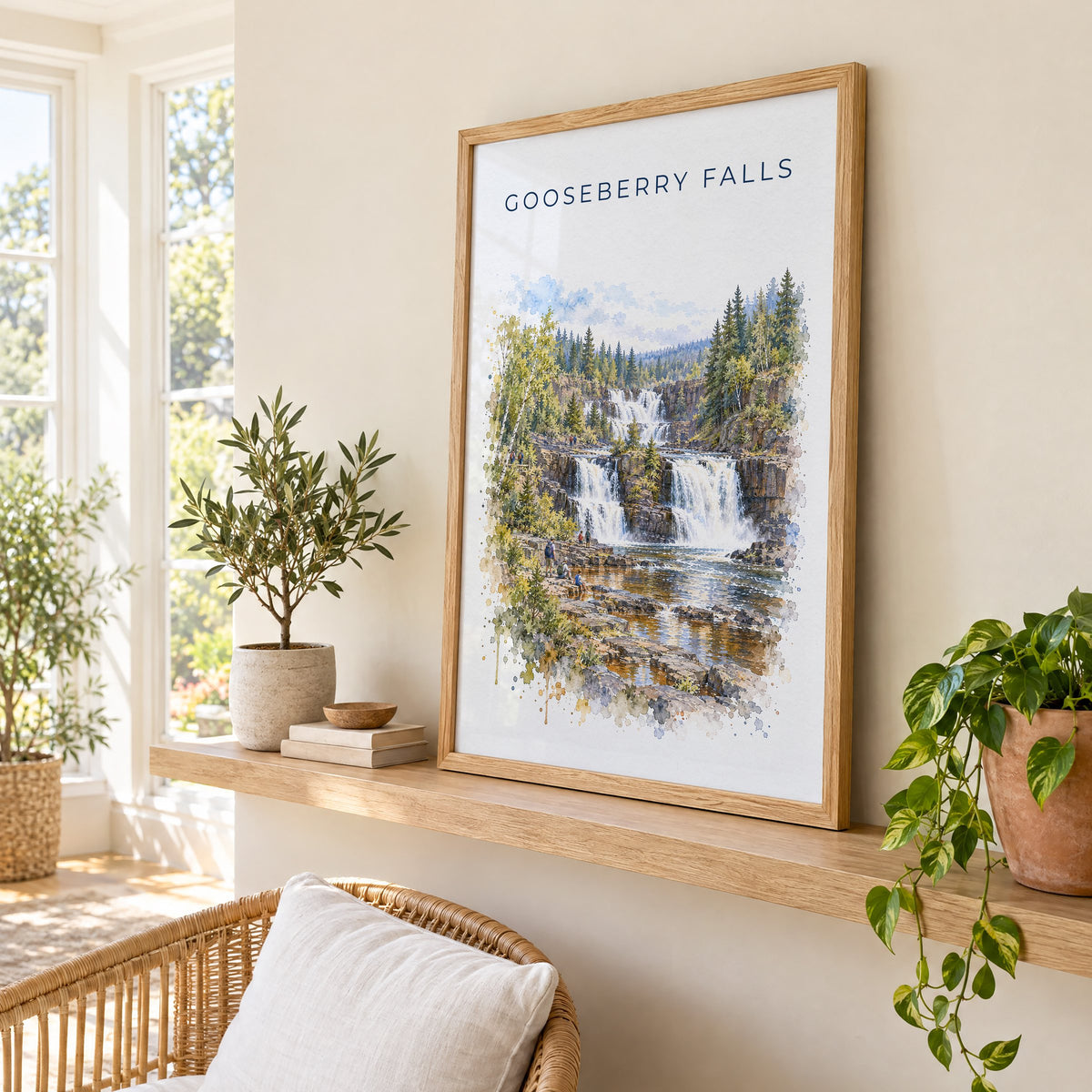 Gooseberry Falls State Park watercolor print in an oak frame on a picture ledge in a sunlit sunroom