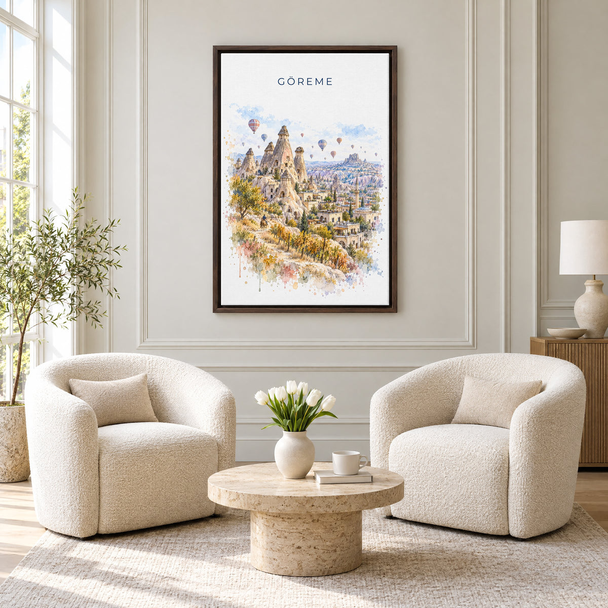 Göreme watercolor print as an espresso floater canvas above two boucle armchairs in a hotel lounge