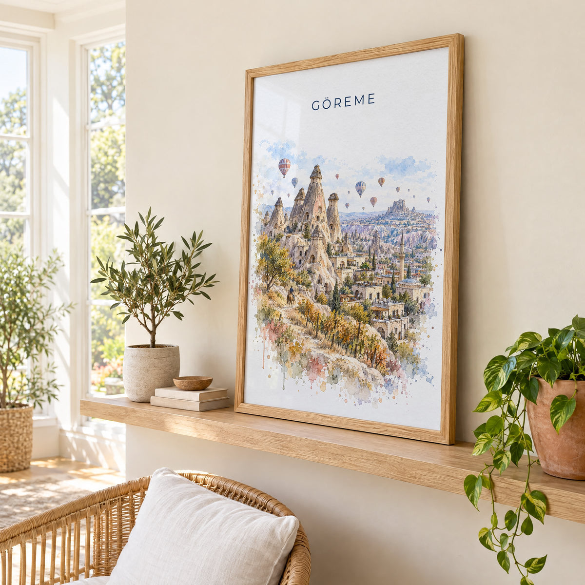 Göreme watercolor print in an oak frame on a picture ledge in a sunlit sunroom