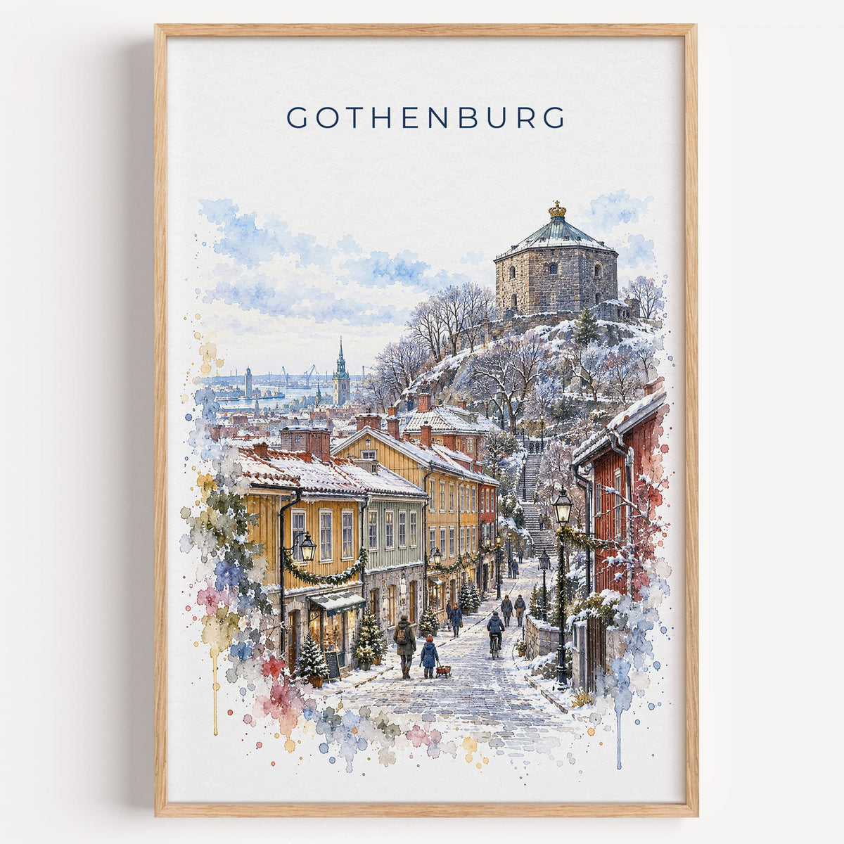 Gothenburg watercolor print in a light oak frame on a plain white wall