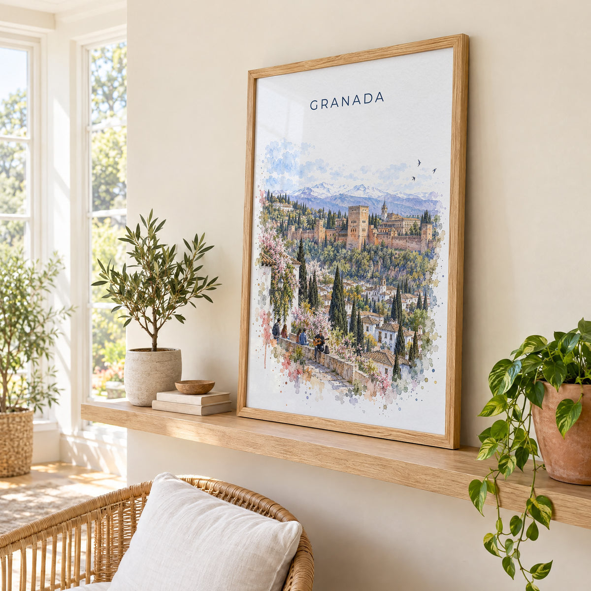 Granada, Spain watercolor print in an oak frame on a picture ledge in a sunlit sunroom