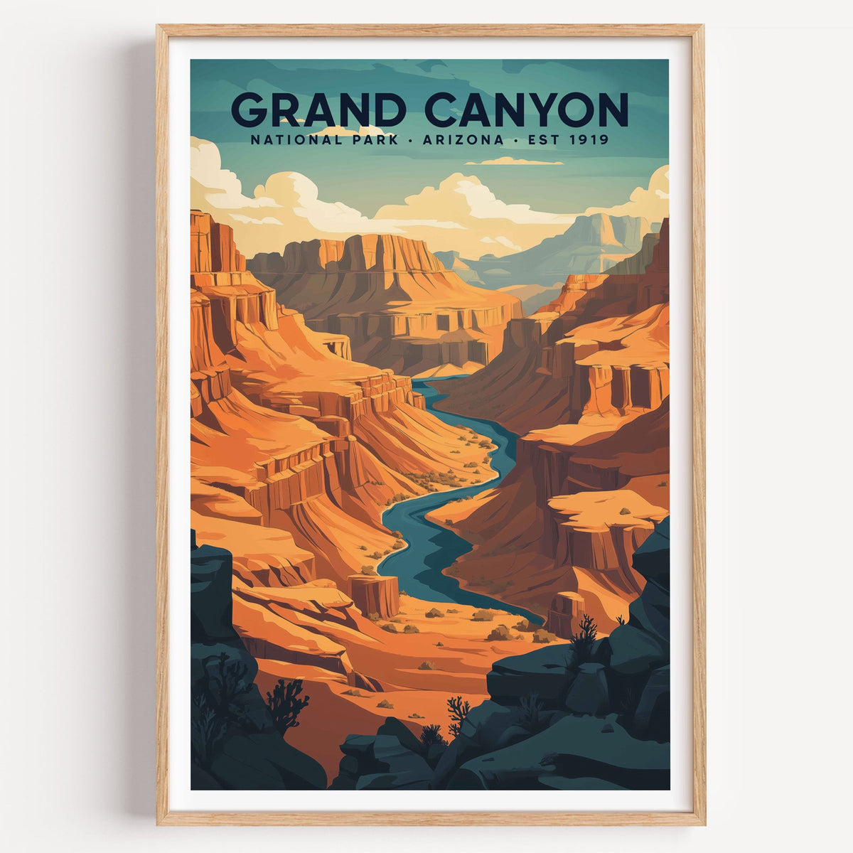 Grand Canyon National Park illustrated print: orange buttes above the Colorado River, in an oak frame