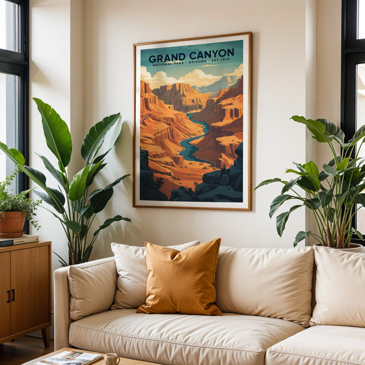 Grand Canyon National Park print in an oak frame above a cream living room sofa with an ochre cushion