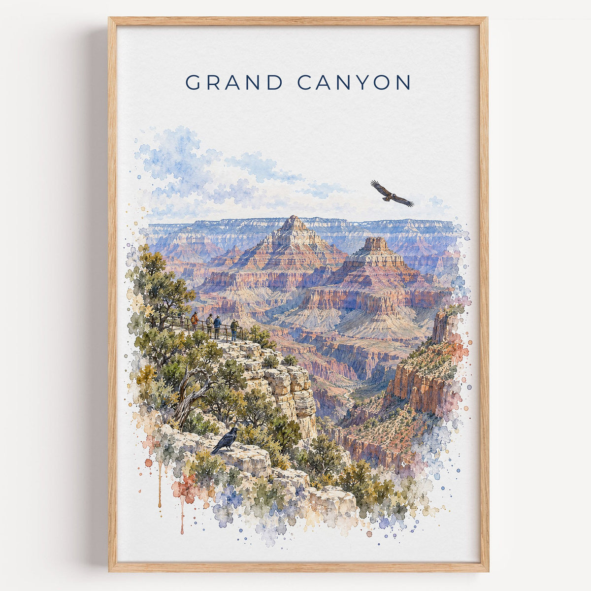 Grand Canyon National Park watercolor print in a light oak frame on a plain white wall