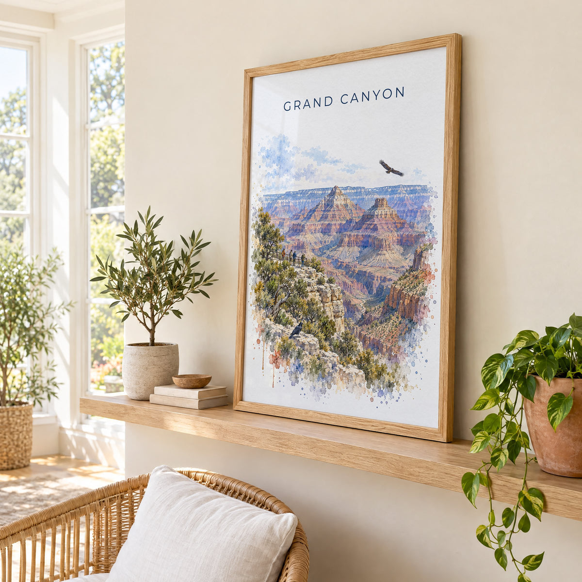 Grand Canyon National Park watercolor print in an oak frame on a picture ledge in a sunlit sunroom